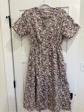 AFTERNOON Anthropologie Floral V-Neck Midi Dress in Purple & Cream
